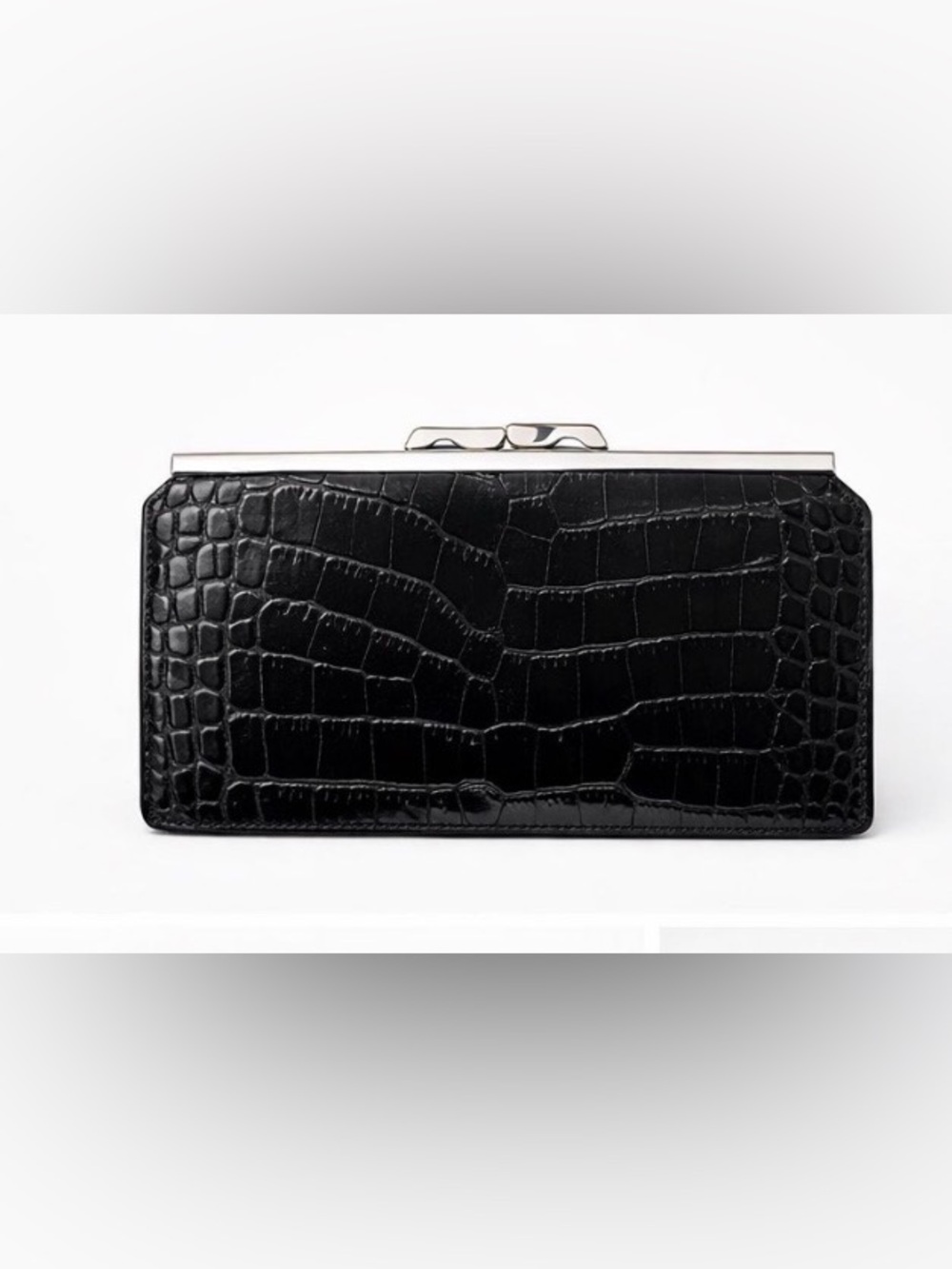 [Abas] Black Embossed Leather Clutch Wallet Silver Hardware 8 Card Slots